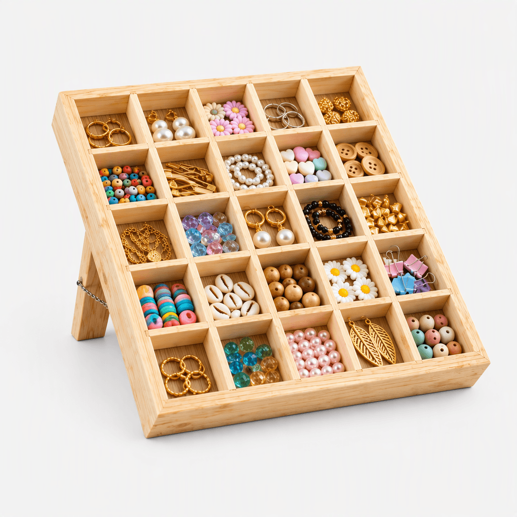 25-Compartment Wooden Display Organizer|Pine Wood Slanted Storage Shelf for Jewellery, Crafts & Decor-natural - Woodwolf Image 3