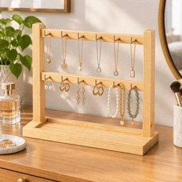 Wooden Jewelry Display Stand | Necklace, Earring & Bracelet Organizer with Brass Hooks-natural-2T - Thumbnail 2
