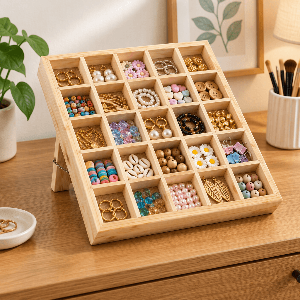25-Compartment Wooden Display Organizer|Pine Wood Slanted Storage Shelf for Jewellery, Crafts & Decor-natural - Woodwolf Image 2