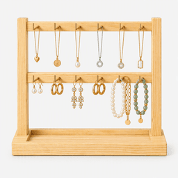 Wooden Jewelry Display Stand | Necklace, Earring & Bracelet Organizer with Brass Hooks-natural-2T - Thumbnail 1