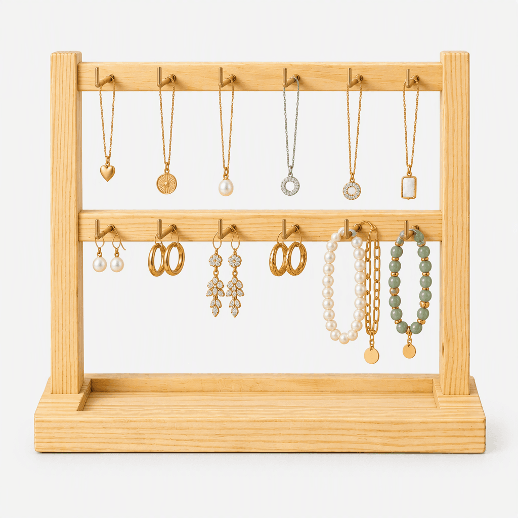Wooden Jewellery Display Stand | Necklace, Earring & Bracelet Organizer with Brass Hooks-natural-2T