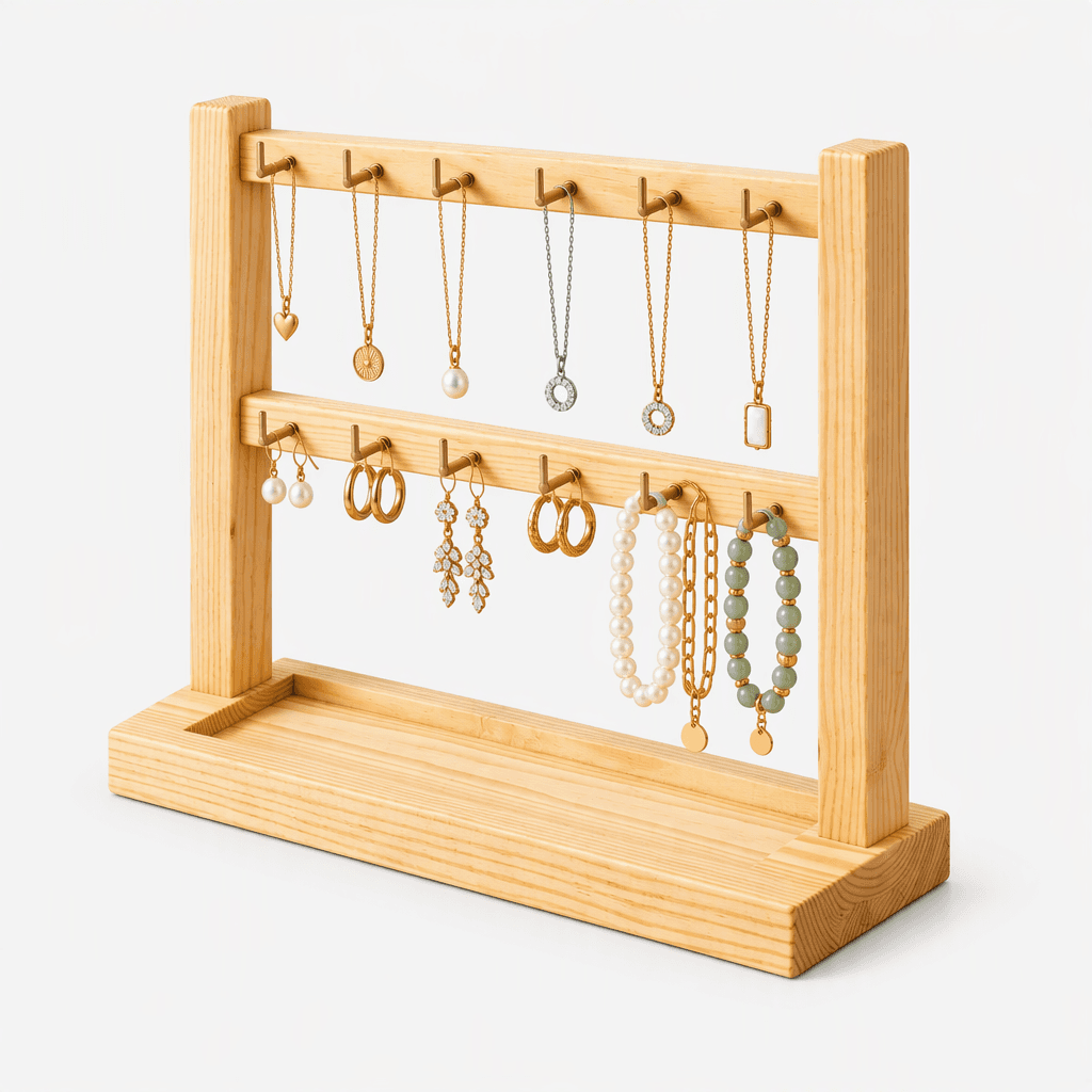 Wooden Jewelry Display Stand | Necklace, Earring & Bracelet Organizer with Brass Hooks-natural-2T - Woodwolf Image 3