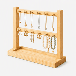 Wooden Jewelry Display Stand | Necklace, Earring & Bracelet Organizer with Brass Hooks-natural-2T - Thumbnail 3