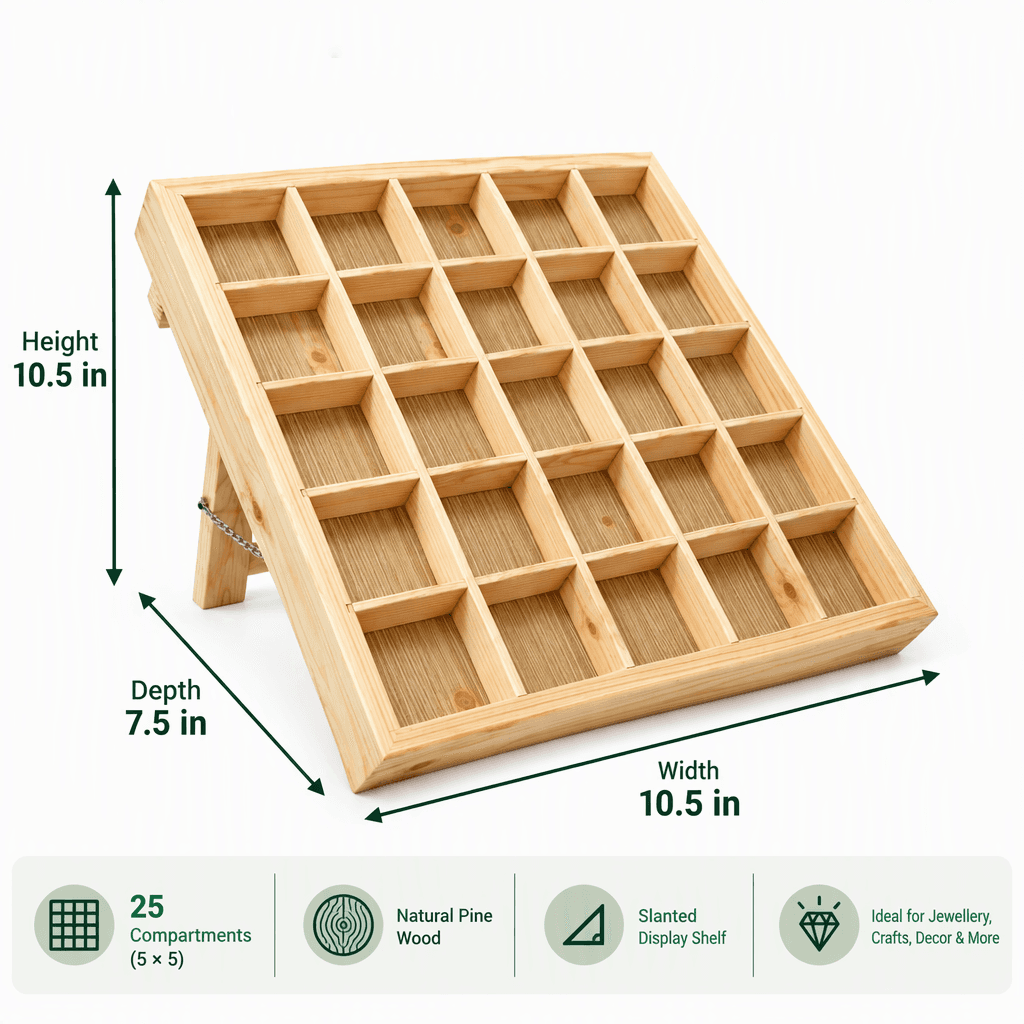 25-Compartment Wooden Display Organizer|Pine Wood Slanted Storage Shelf for Jewellery, Crafts & Decor-natural - Woodwolf Image 5