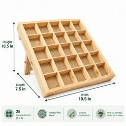 25-Compartment Wooden Display Organizer|Pine Wood Slanted Storage Shelf for Jewellery, Crafts & Decor-natural - Thumbnail 5