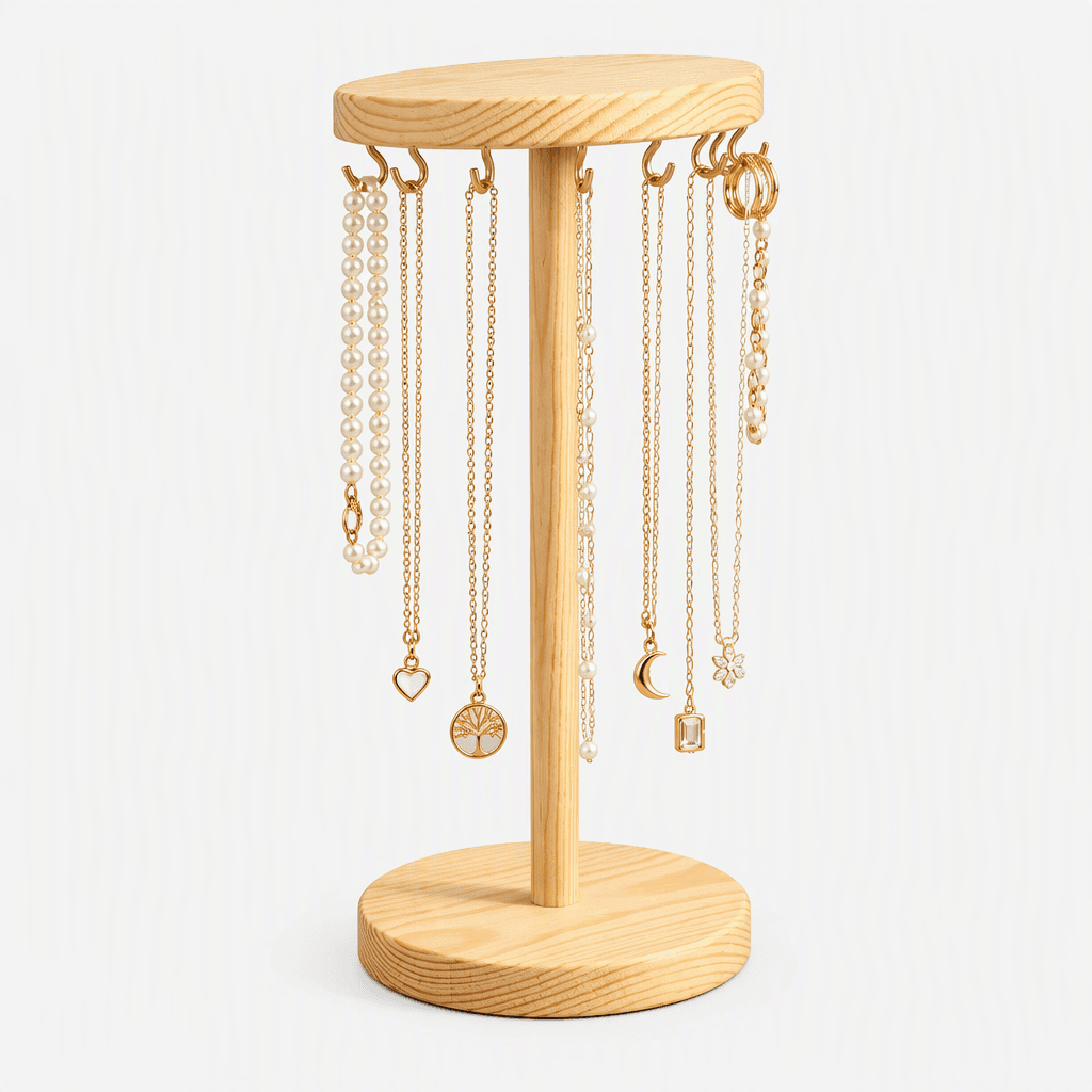 Wooden Chain, Necklace & Jewellery Display Stand with Hooks-natural - Woodwolf Image 3
