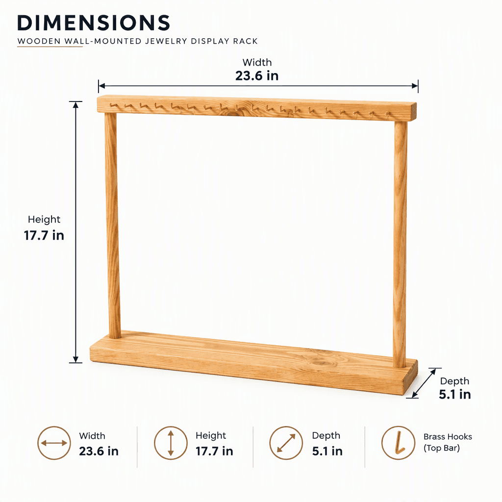 Wooden Wall-Mounted Jewelry Display Rack with Decorative Top Bar & Base Shelf-natural - Woodwolf Image 5