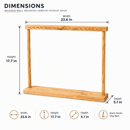 Wooden Wall-Mounted Jewelry Display Rack with Decorative Top Bar & Base Shelf-natural - Thumbnail 5