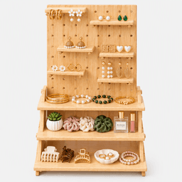 Pine Wood Multi-Tier Display Stand with Pegboard Shelves & Step Rack-natural - Thumbnail 1