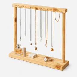 Wooden Wall-Mounted Jewelry Display Rack with Decorative Top Bar & Base Shelf-natural - Thumbnail 3