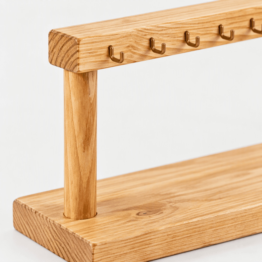 Wooden Wall-Mounted Jewelry Display Rack with Decorative Top Bar & Base Shelf-natural - Woodwolf Image 4