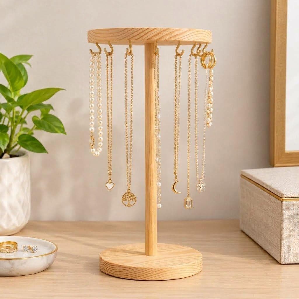 Wooden Chain, Necklace & Jewellery Display Stand with Hooks-natural - Woodwolf Image 2