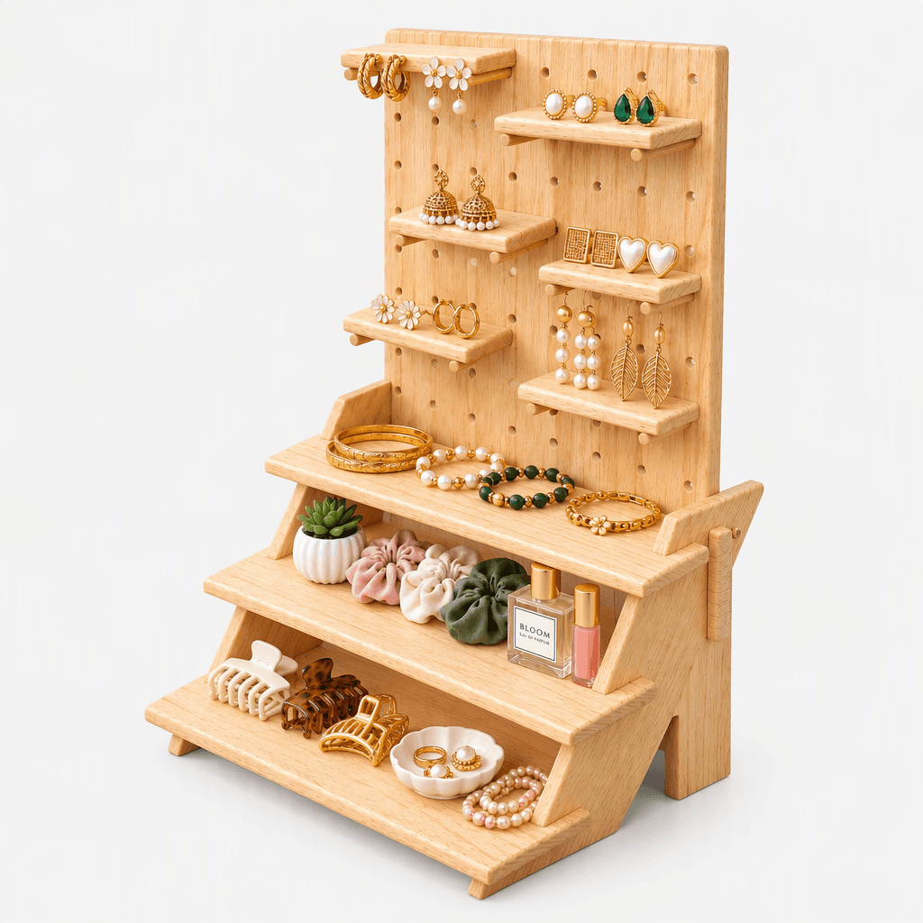 Pine Wood Multi-Tier Display Stand with Pegboard Shelves & Step Rack-natural - Woodwolf Image 3