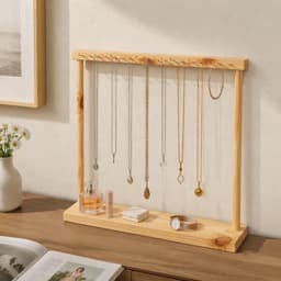 Wooden Wall-Mounted Jewelry Display Rack with Decorative Top Bar & Base Shelf-natural - Thumbnail 2