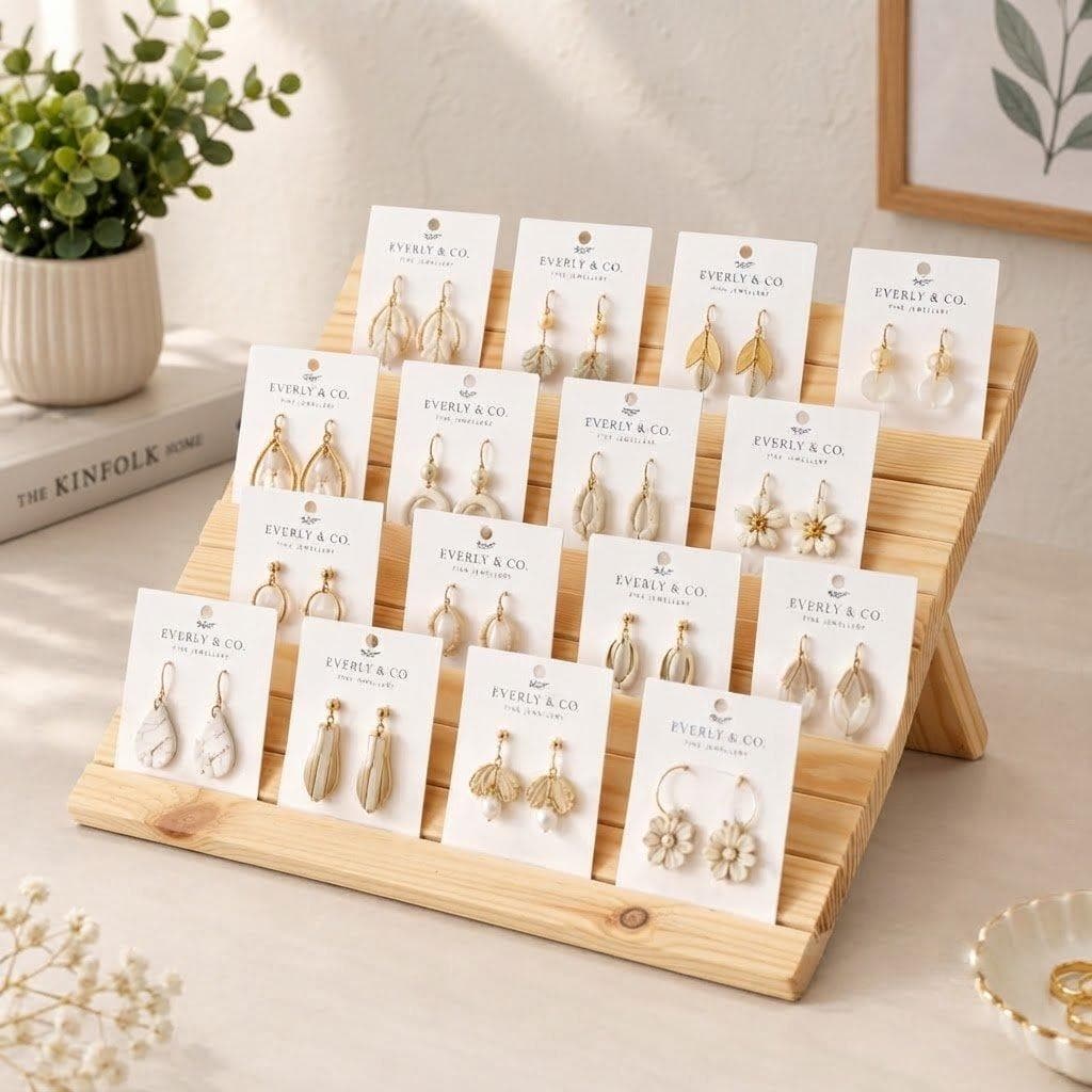 Pine wood Tiered Earring Display Stand – Slatted Jewelry Card Holder & Organizer-natural - Woodwolf Image 2