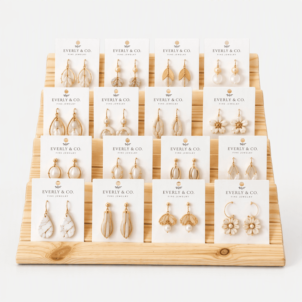 Pine wood Tiered Earring Display Stand – Slatted Jewelry Card Holder & Organizer-natural - Woodwolf Image 1