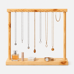 Wooden Wall-Mounted Jewelry Display Rack with Decorative Top Bar & Base Shelf-natural - Thumbnail 1