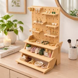 Pine Wood Multi-Tier Display Stand with Pegboard Shelves & Step Rack-natural - Thumbnail 2