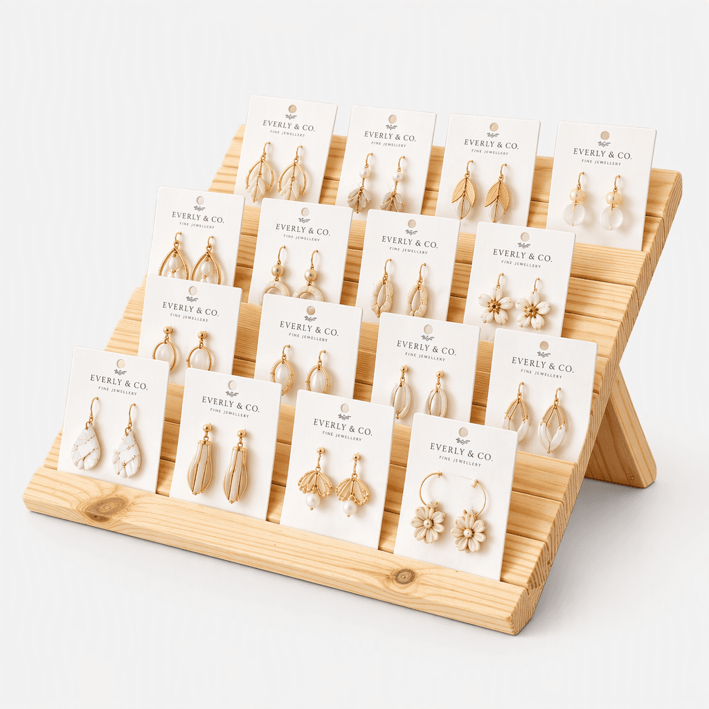 Pine wood Tiered Earring Display Stand – Slatted Jewelry Card Holder & Organizer-natural - Woodwolf Image 3