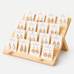 Pine wood Tiered Earring Display Stand – Slatted Jewelry Card Holder & Organizer-natural - Thumbnail 3