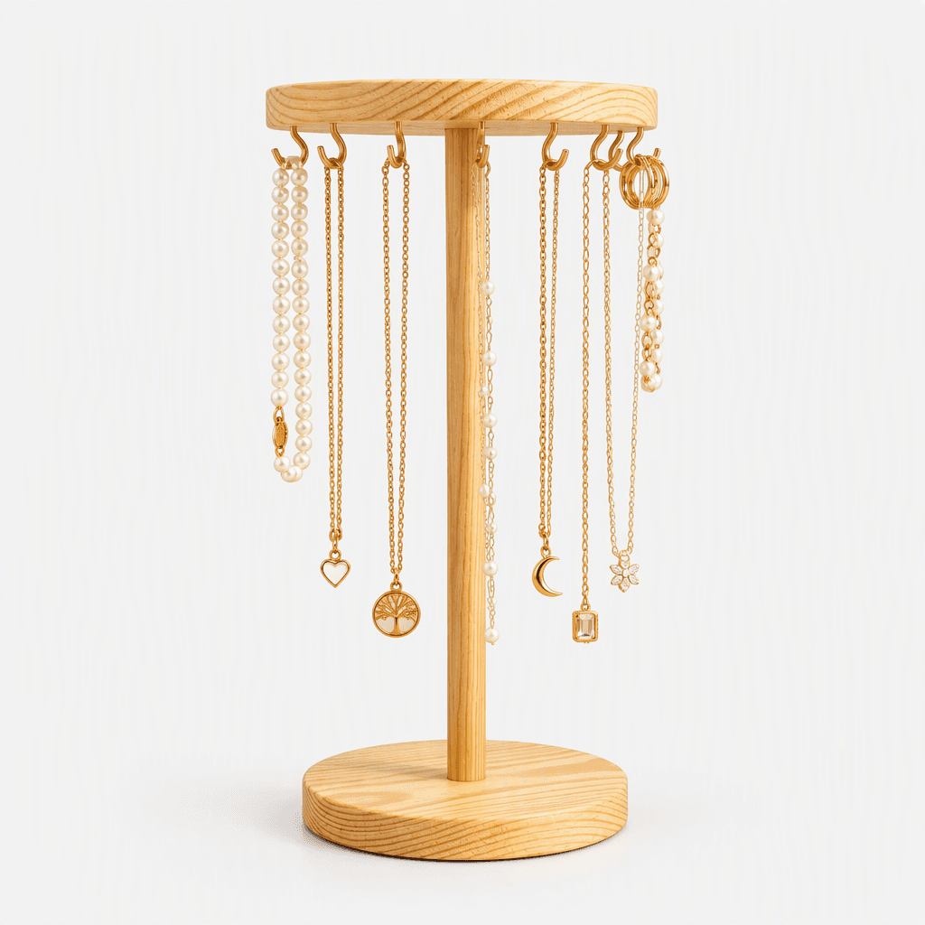 Wooden Chain, Necklace & Jewellery Display Stand with Hooks-natural - Woodwolf Image 1
