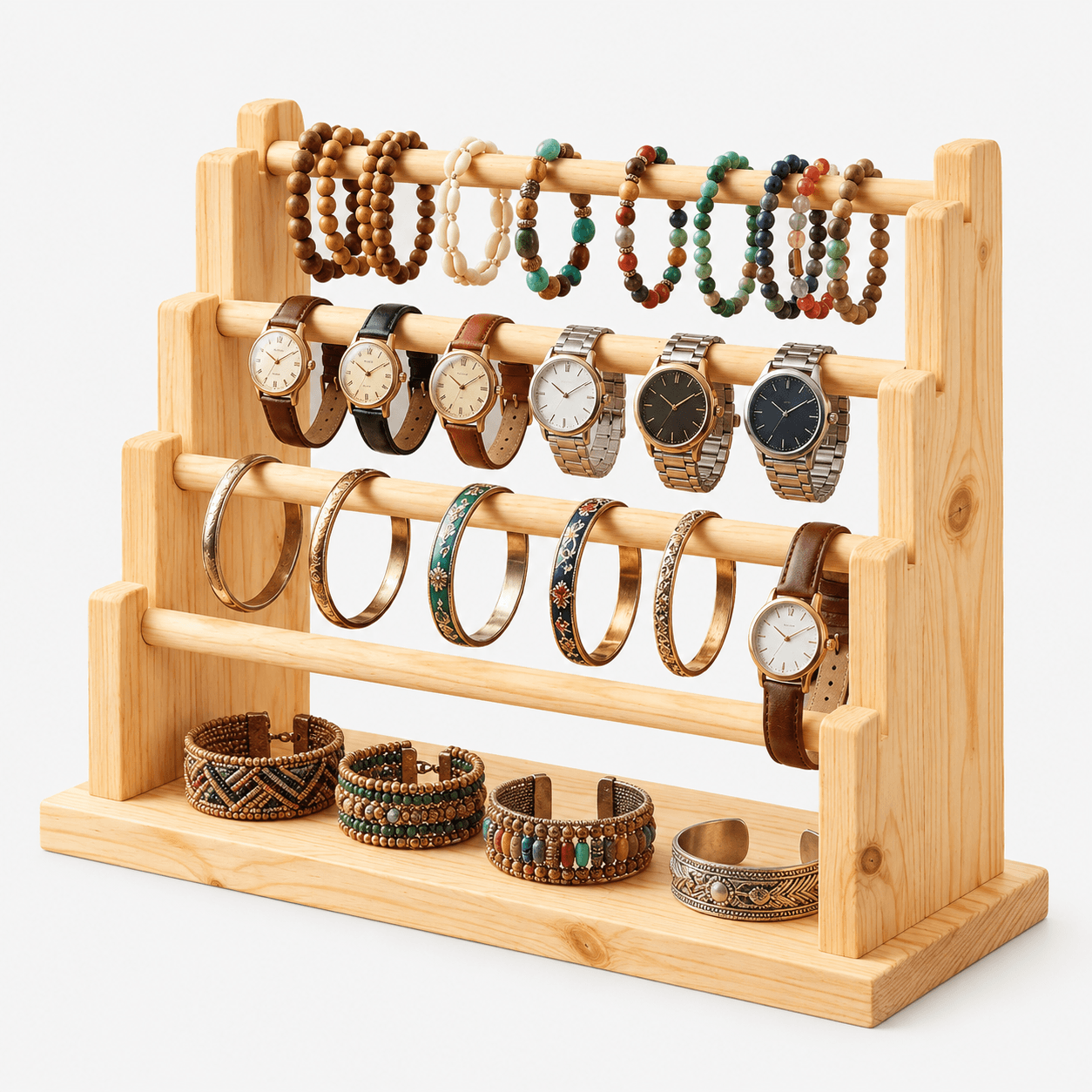 Wooden Bracelet & Bangle Display Stand with 4-Layer Organizer Shelf-natural - Woodwolf Image 3