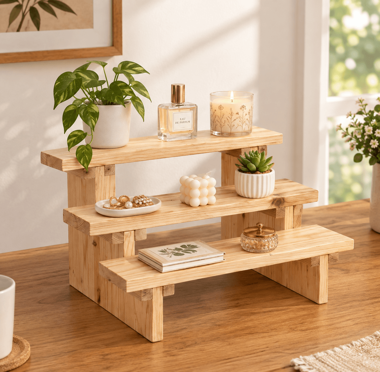 3-Tier Wooden Display Stand, Pine Wood Shelf Riser for Plants, Decor, Kitchen, Home & Retail Counter-natural - Woodwolf Image 2