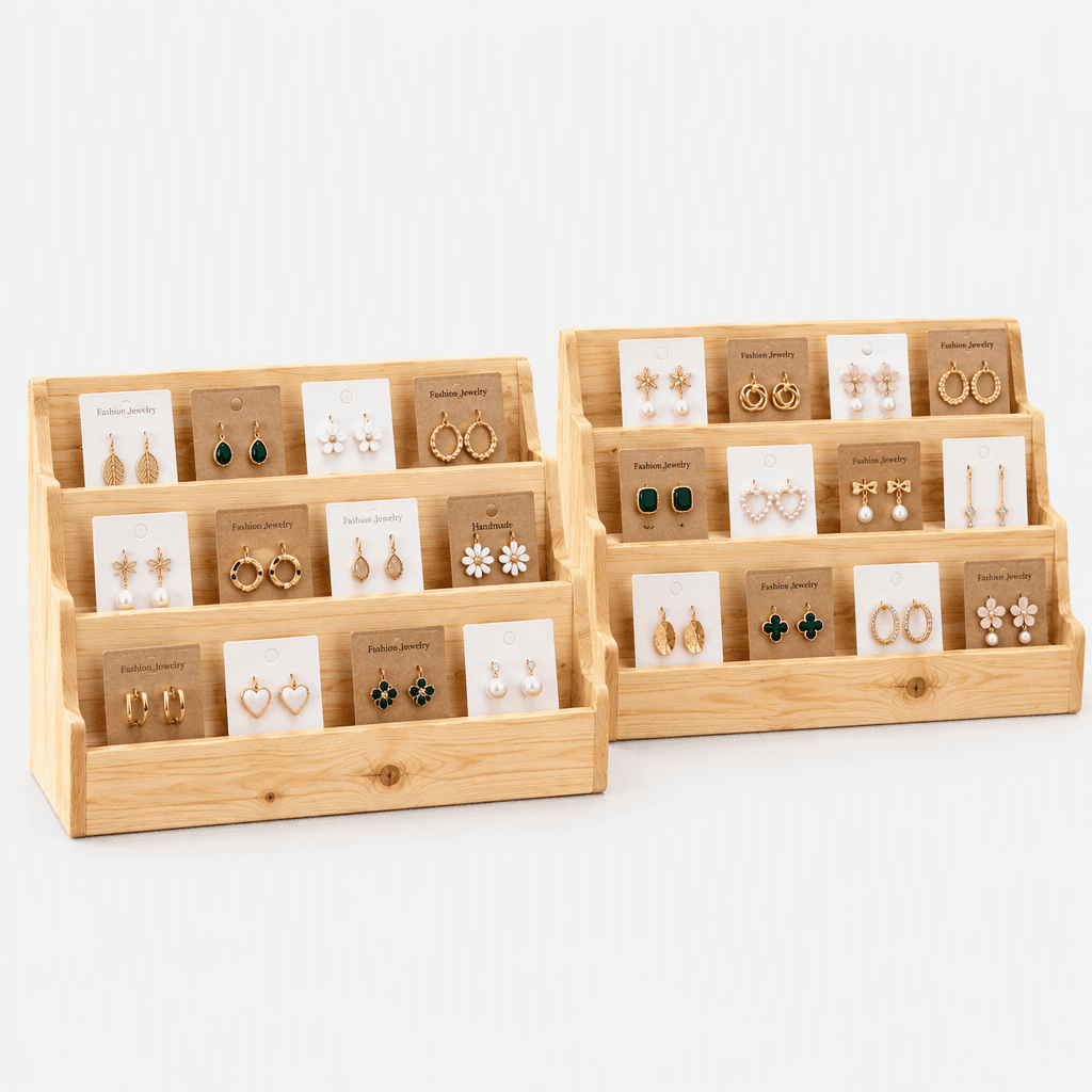3-Tier Pine Wood Jewelry Card Holder & Tiered Shelf Organizer-natural