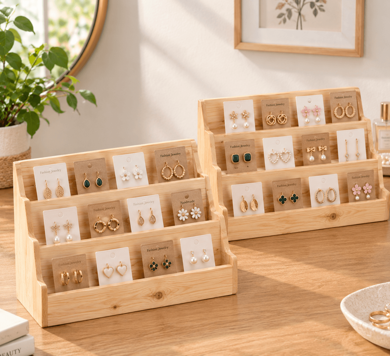 3-Tier Pine Wood Jewelry Card Holder & Tiered Shelf Organizer-natural - Woodwolf Image 2