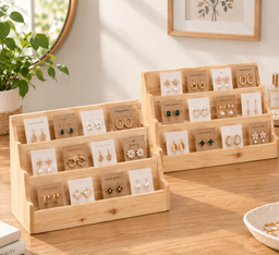 3-Tier Pine Wood Jewelry Card Holder & Tiered Shelf Organizer-natural - Thumbnail 2