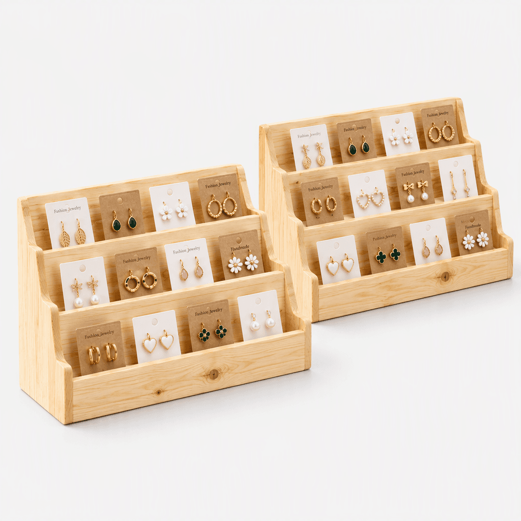 3-Tier Pine Wood Jewelry Card Holder & Tiered Shelf Organizer-natural - Woodwolf Image 3