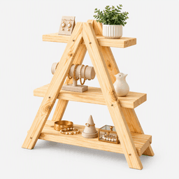 Pine Wood 3-Tier A-Frame Display Stand | Wooden Shelf Rack for Décor & Retail Display-natural - Thumbnail 3