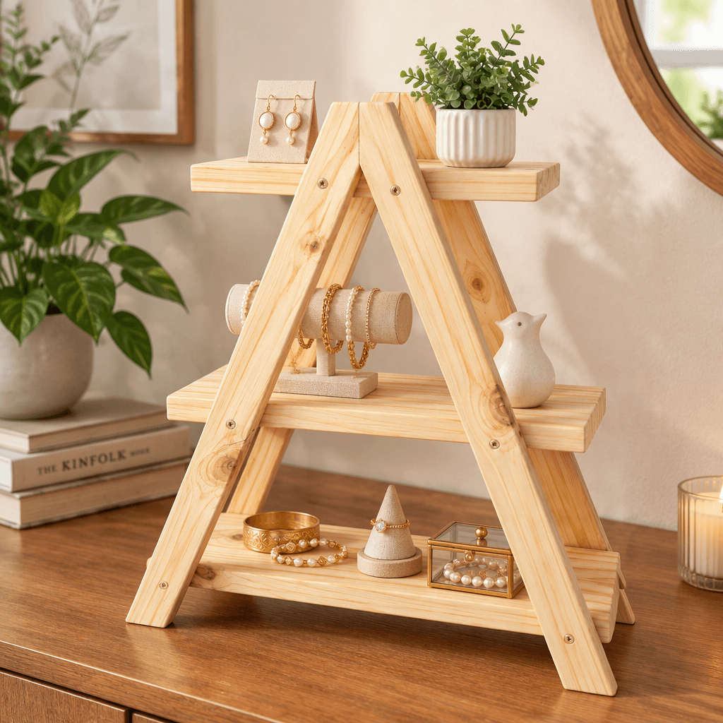 Pine Wood 3-Tier A-Frame Display Stand | Wooden Shelf Rack for Décor & Retail Display-natural - Woodwolf Image 2