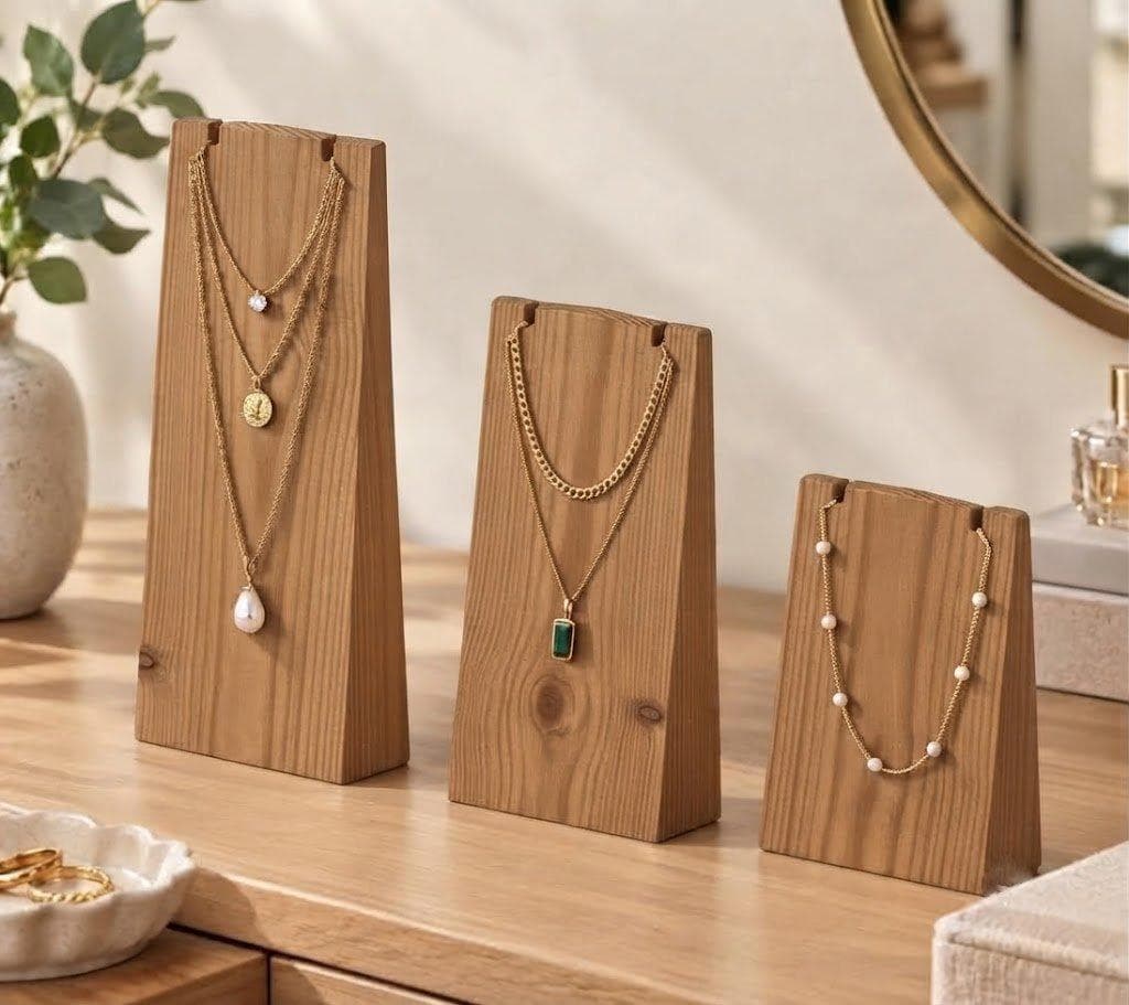 Pine Wood Necklace Display Stand Set | 3-Piece Jewelry Holder for Necklaces, Chains & Pendants-walnut - Woodwolf Image 3