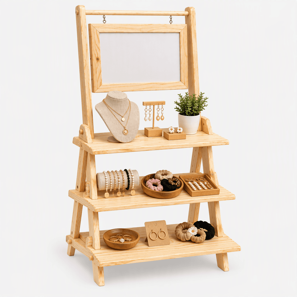 3-Tier Pine Wood Display Stand with Hanging Sign Frame-natural - Woodwolf Image 3