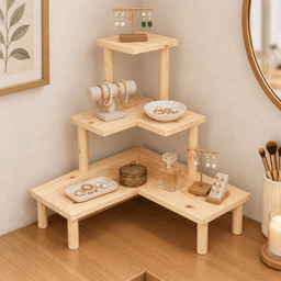3-Tier Wooden Corner Display Stand, Pine Wood Shelf Riser for Decor & Retail-natural - Thumbnail 2
