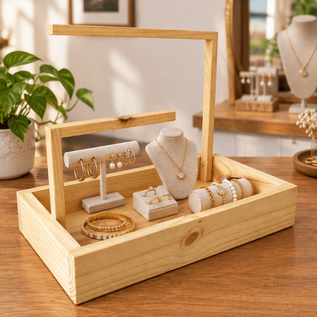 Pine Wood Carrying Tray with Raised Handle Frame | Wooden Storage & Display Organizer for Jewellary, Home, Kitchen & Retail-natural - Woodwolf Image 2
