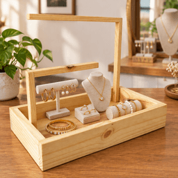 Pine Wood Carrying Tray with Raised Handle Frame | Wooden Storage & Display Organizer for Jewellary, Home, Kitchen & Retail-natural - Thumbnail 2