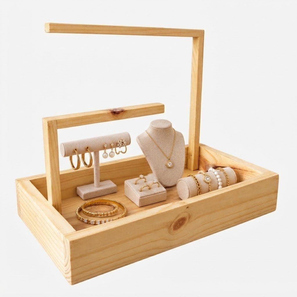 Pine Wood Carrying Tray with Raised Handle Frame | Wooden Storage & Display Organizer for Jewellary, Home, Kitchen & Retail-natural - Woodwolf Image 3