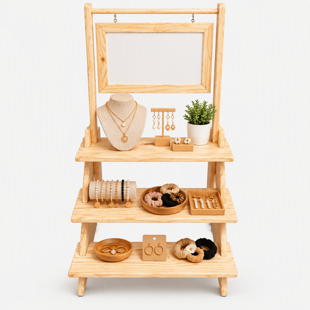 3-Tier Pine Wood Display Stand with Hanging Sign Frame-natural