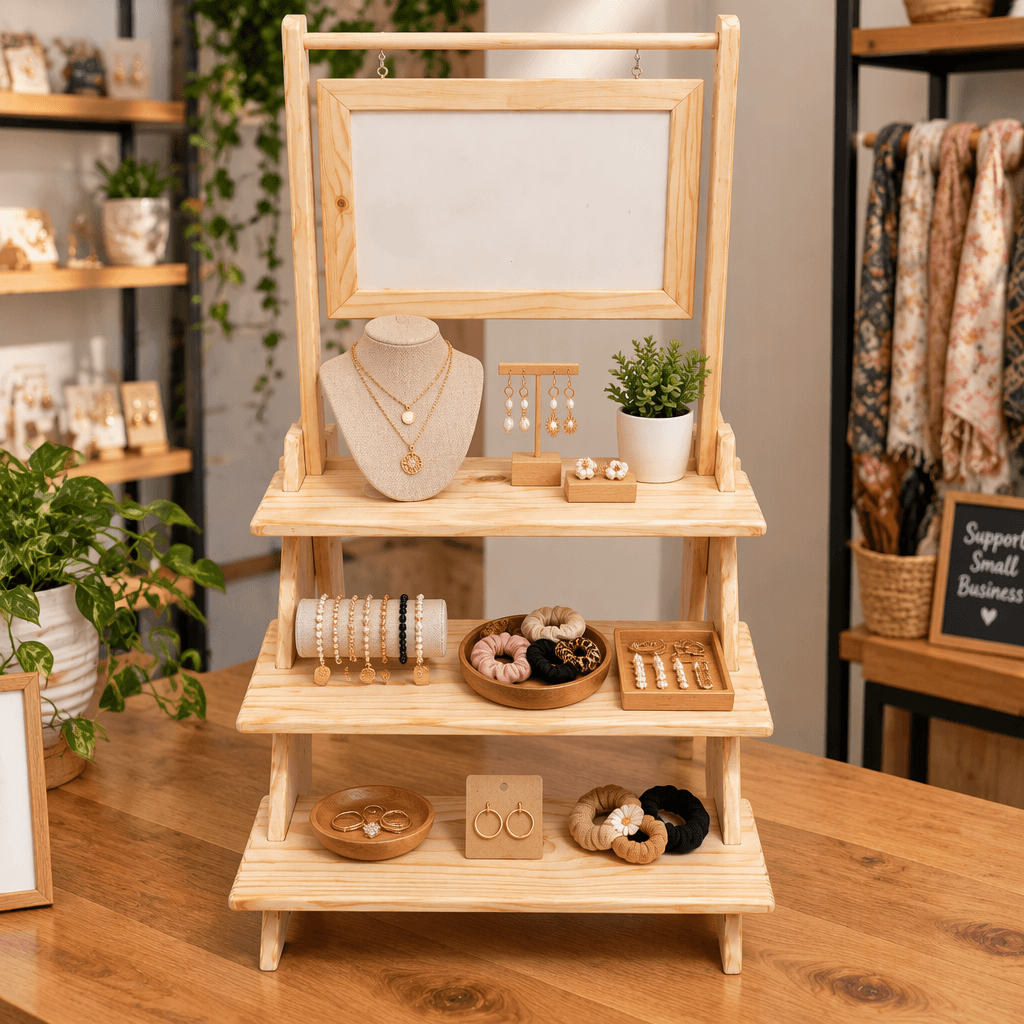 3-Tier Pine Wood Display Stand with Hanging Sign Frame-natural - Woodwolf Image 2