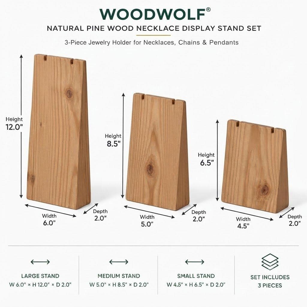Pine Wood Necklace Display Stand Set | 3-Piece Jewelry Holder for Necklaces, Chains & Pendants-walnut - Woodwolf Image 5