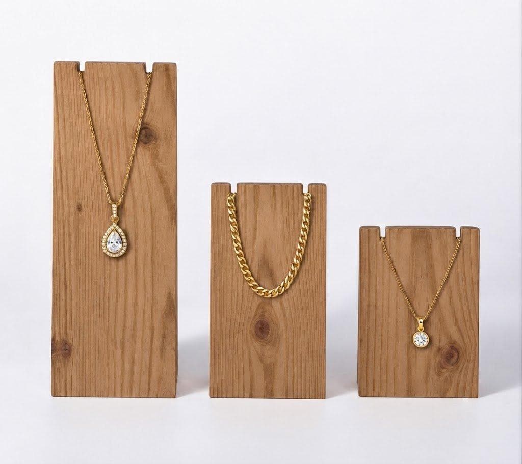 Pine Wood Necklace Display Stand Set | 3-Piece Jewelry Holder for Necklaces, Chains & Pendants-walnut - Woodwolf Image 1