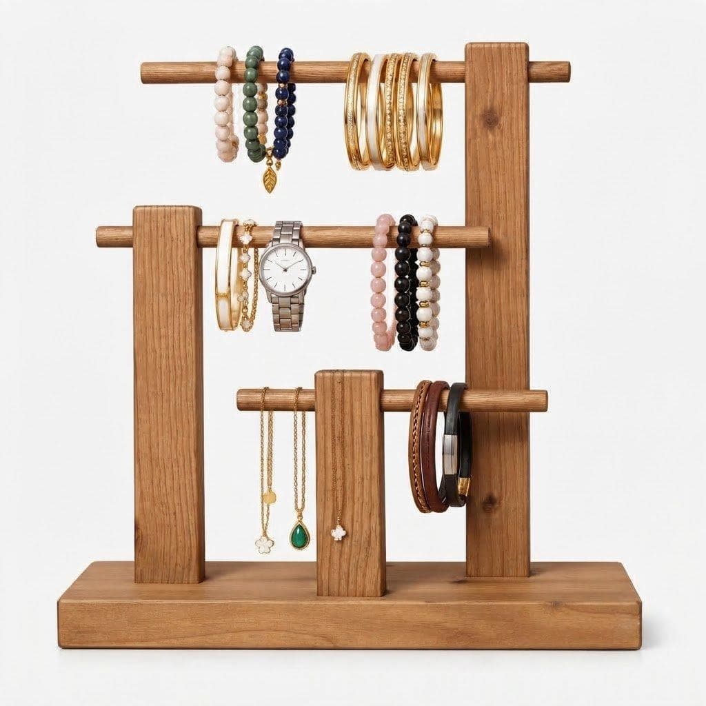 Pine Wood 3-Tier Display Stand for Bracelets, Bangles, Watches & Jewelry | Wooden Organizer Holder-walnut - Woodwolf Image 1