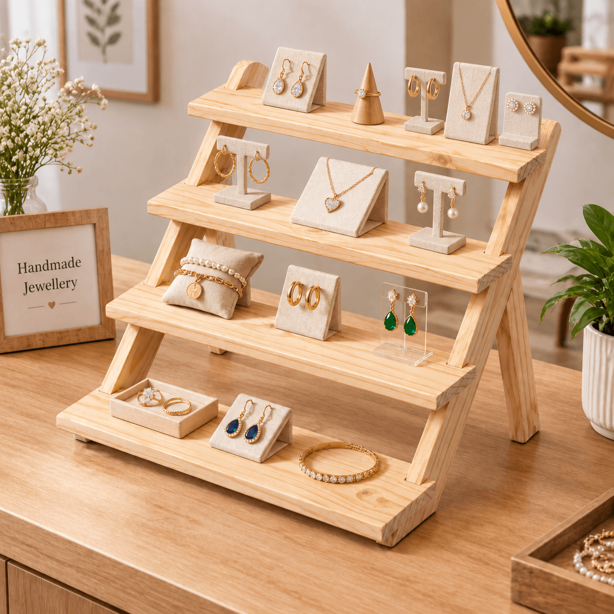 4-Tier Pine Wood Display Shelf, Wooden Stand & Organizer-natural - Woodwolf Image 2