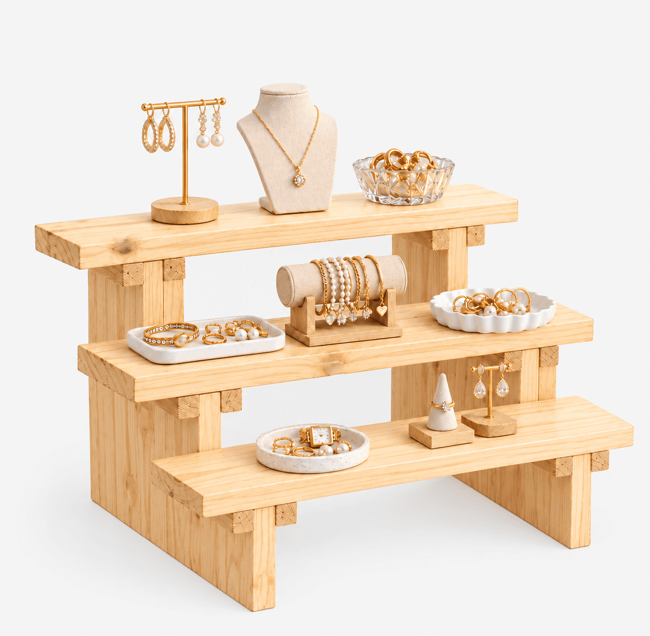 3-Tier Wooden Display Stand, Pine Wood Shelf Riser for Jewellar, Decor, Kitchen, Home & Retail Counter-natural - Woodwolf Image 3