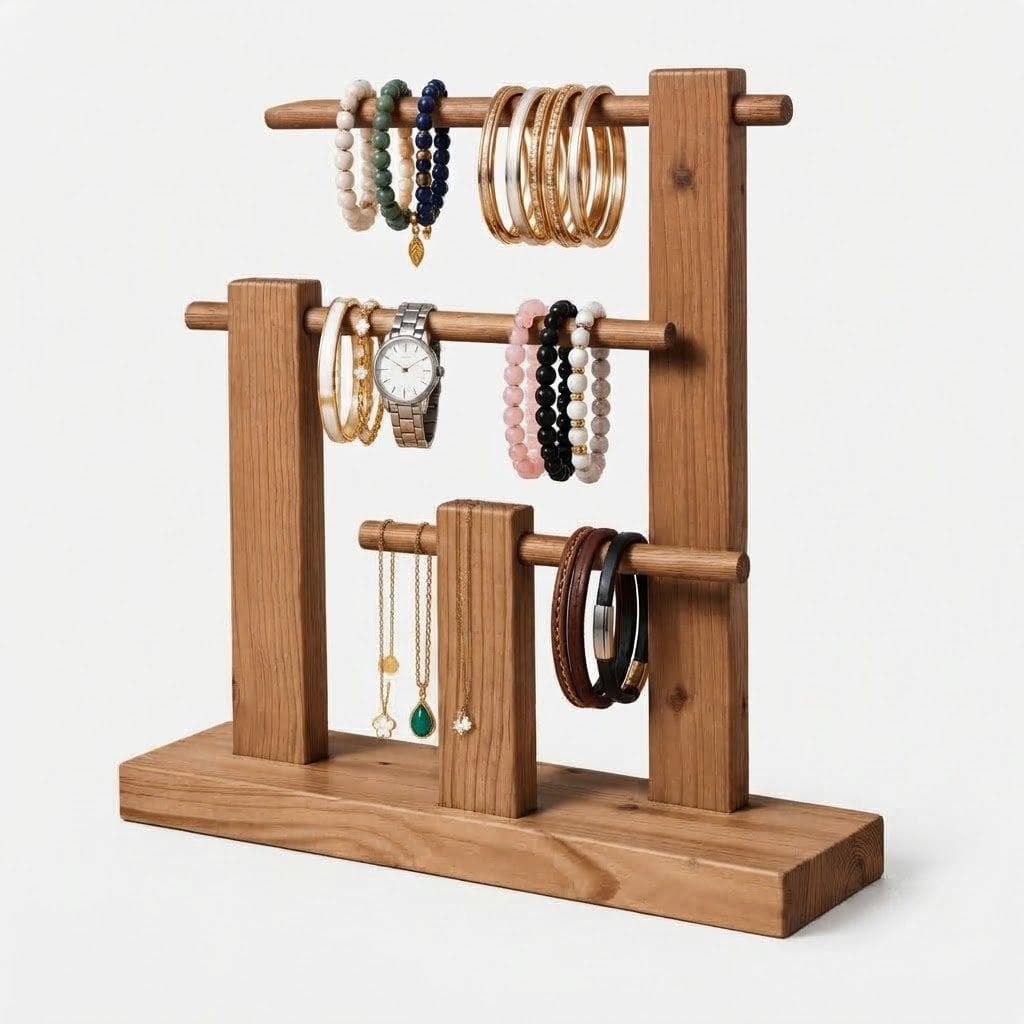 Pine Wood 3-Tier Display Stand for Bracelets, Bangles, Watches & Jewelry | Wooden Organizer Holder-walnut - Woodwolf Image 3