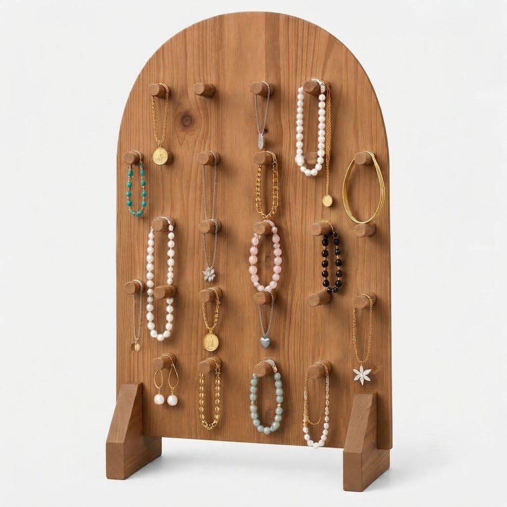 Pine Wood Pegboard Jewelry Display Stand | Multi-Hook Necklace, Bracelet & Accessory Organizer Rack-walnut - Woodwolf Image 1