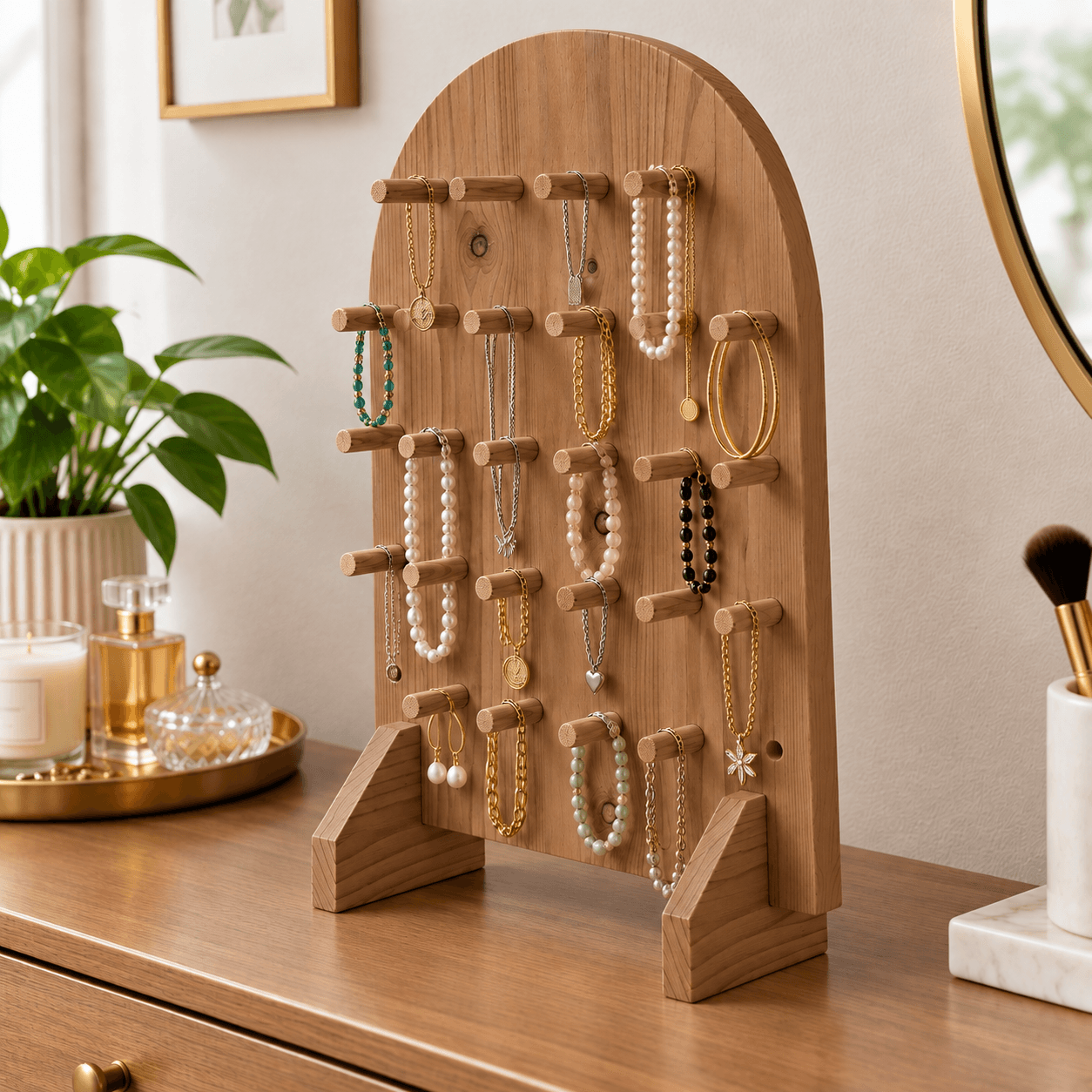 Pine Wood Pegboard Jewelry Display Stand | Multi-Hook Necklace, Bracelet & Accessory Organizer Rack-walnut - Woodwolf Image 2