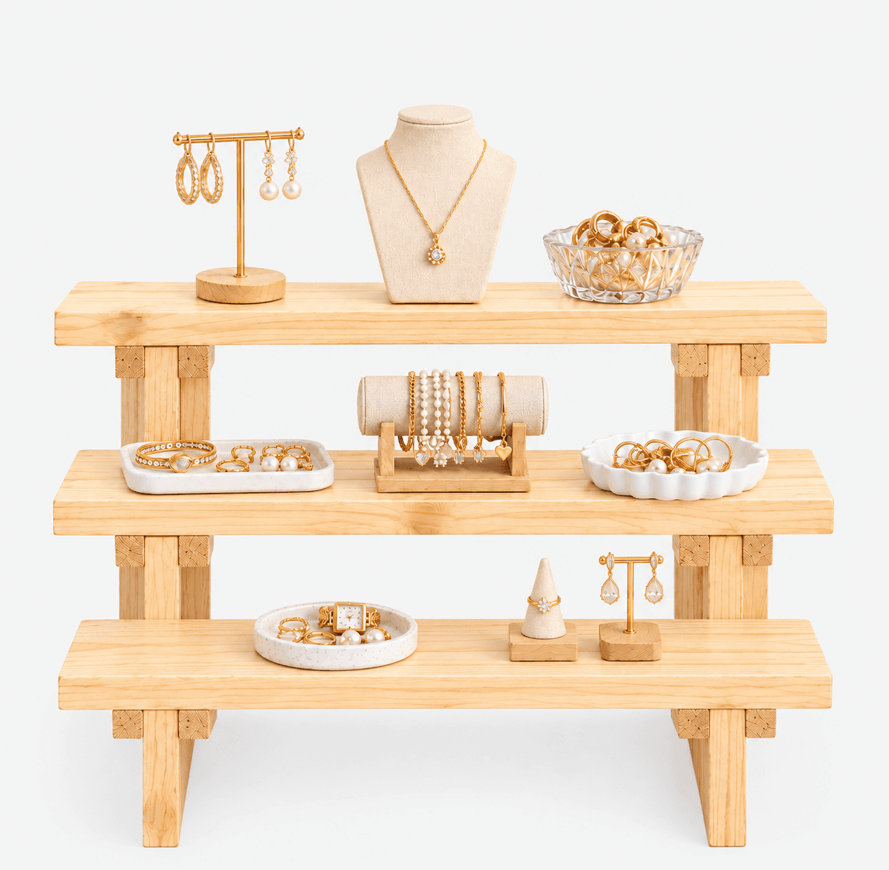 3-Tier Wooden Display Stand, Pine Wood Shelf Riser for Jewellar, Decor, Kitchen, Home & Retail Counter-natural - Woodwolf Image 1